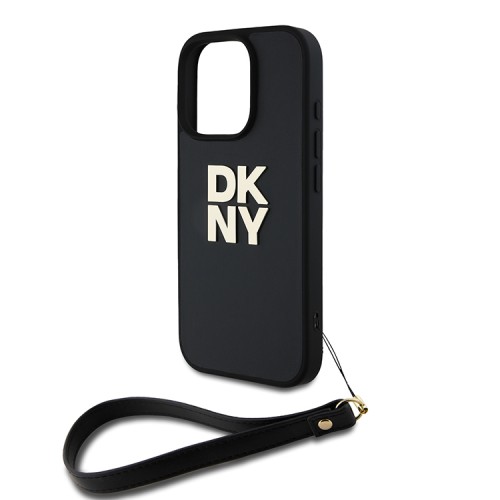 DKNY для iPhone 16 Pro чехол PU Stack metal logo Hard + Hand strap Black