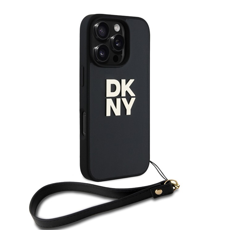 DKNY для iPhone 16 Pro чехол PU Stack metal logo Hard + Hand strap Black