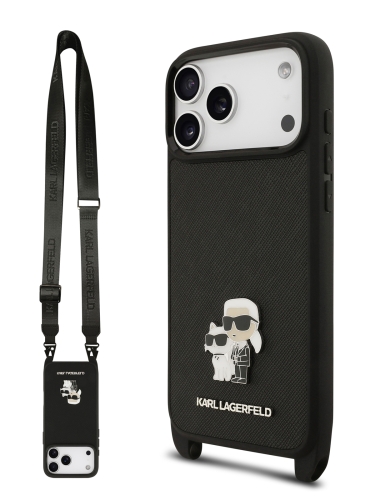 Karl Lagerfeld для iPhone 17 Pro чехол Crossbody PU Saffiano NFT Karl&Choup Metal Hard + Strap Black