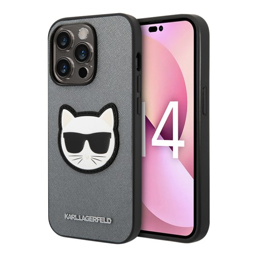 Чехол Lagerfeld PU Saffiano Choupette head Patch Hard для iPhone 14 Pro Max, серебристый