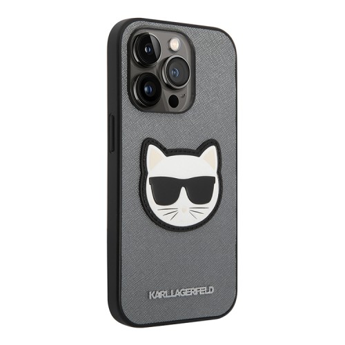 Чехол Lagerfeld PU Saffiano Choupette head Patch Hard для iPhone 14 Pro Max, серебристый