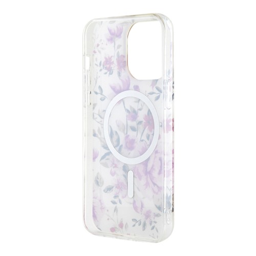 Чехол Guess Flower Hard для iPhone 14 Pro, прозрачный/золотой (MagSafe)