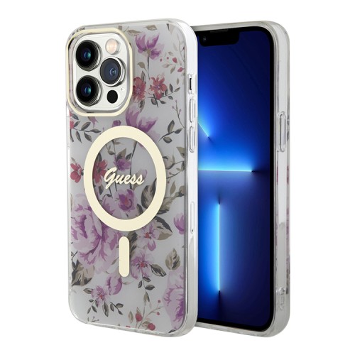 Чехол Guess Flower Hard для iPhone 14 Pro, прозрачный/золотой (MagSafe)