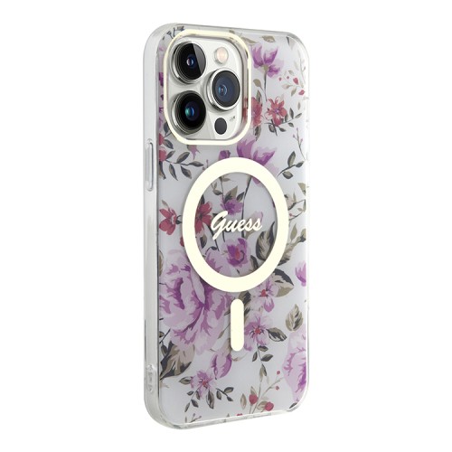 Чехол Guess Flower Hard для iPhone 14 Pro, прозрачный/золотой (MagSafe)