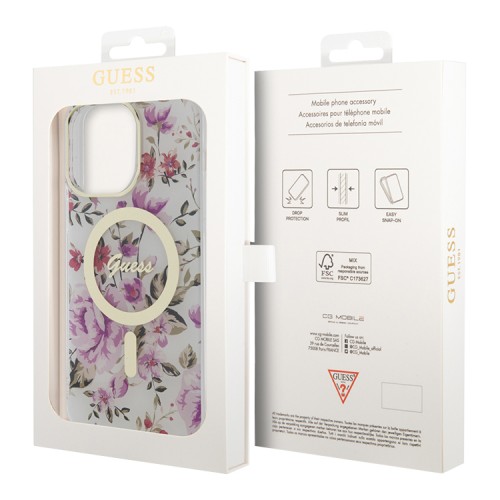 Чехол Guess Flower Hard для iPhone 14 Pro, прозрачный/золотой (MagSafe)