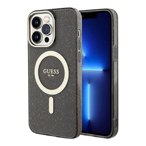 Чехол Guess Glitter Metal outline Hard для iPhone 13 Pro Max, черный/золотой (MagSafe)