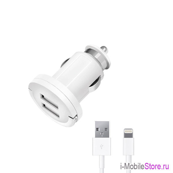 Автомобильное зарядное устройство Deppa Ultra MFI Lightning 2 USB (3.4A), белый