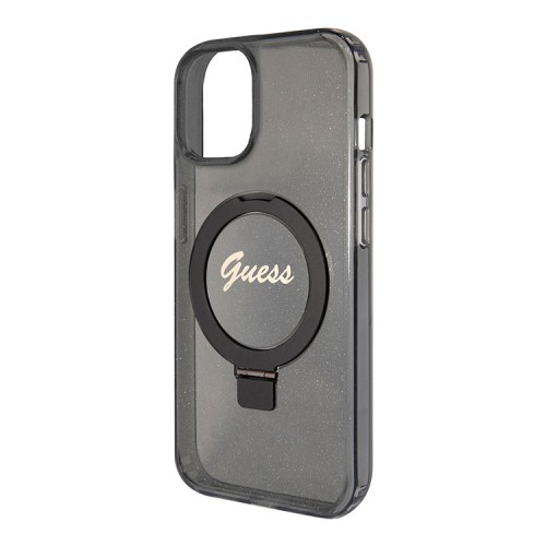 Guess для iPhone 15 чехол PC/TPU Script logo + Ring stand Hard Glitter Black (MagSafe)