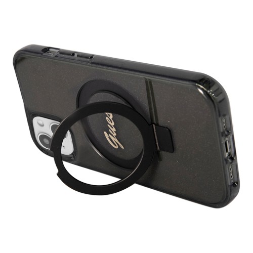 Guess для iPhone 15 чехол PC/TPU Script logo + Ring stand Hard Glitter Black (MagSafe)