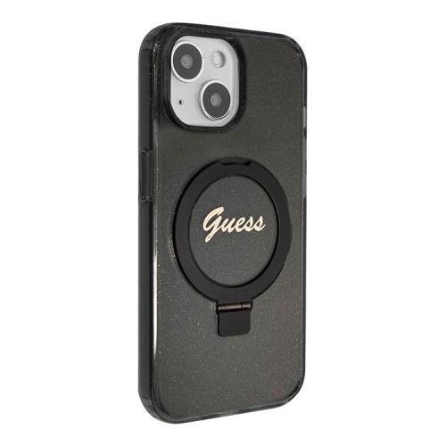 Guess для iPhone 15 чехол PC/TPU Script logo + Ring stand Hard Glitter Black (MagSafe)