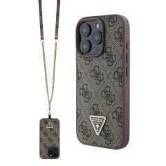 Guess для iPhone 16 Pro Max чехол со шнурком Crossbody PU кожа 4G Triangle Diamond logo Brown