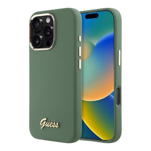 Guess для iPhone 16 Pro чехол Liquid silicone Gold metal logo & Camera frame Hard Khaki