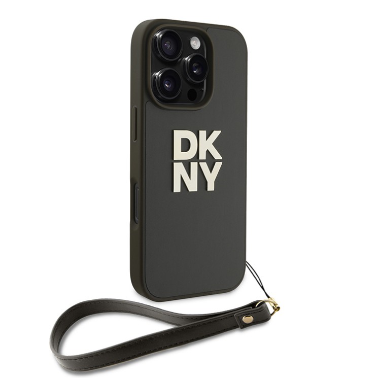 DKNY для iPhone 16 Pro чехол PU Stack metal logo Hard + Hand strap Green