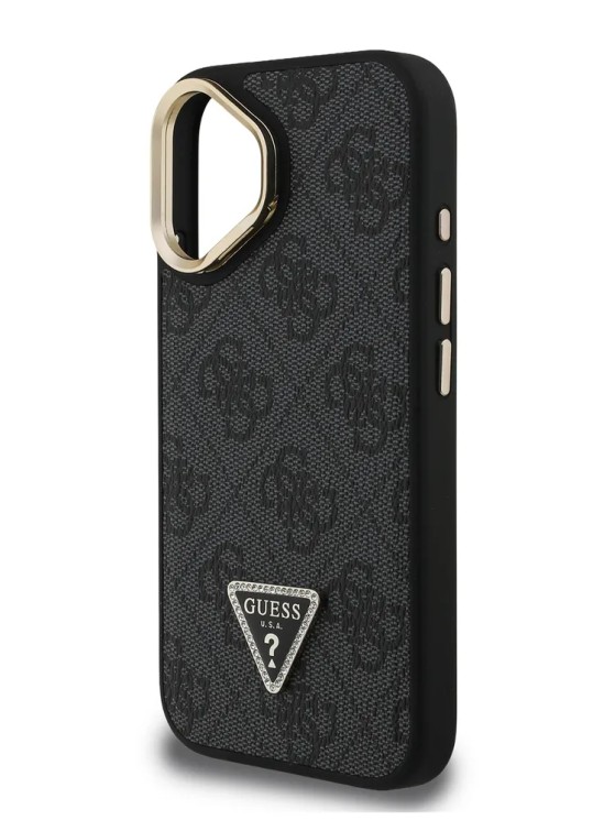 Guess для iPhone 16 чехол PU 4G Triangle metal logo and Camera Stand Hard Black (MagSafe)