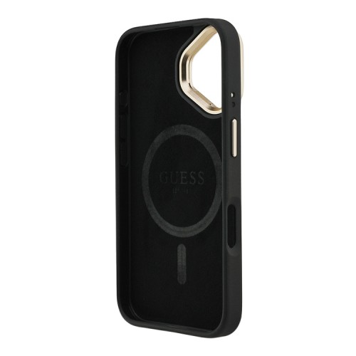 Guess для iPhone 16 чехол PU 4G Triangle metal logo and Camera Stand Hard Black (MagSafe)