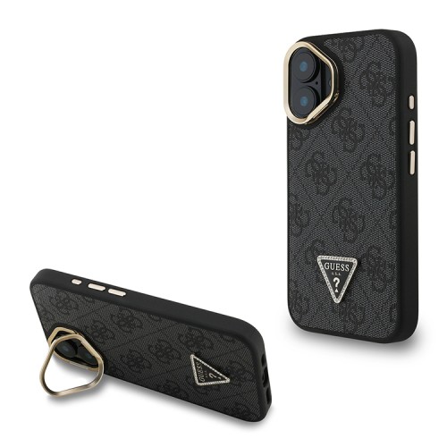 Guess для iPhone 16 чехол PU 4G Triangle metal logo and Camera Stand Hard Black (MagSafe)