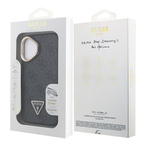 Guess для iPhone 16 чехол PU 4G Triangle metal logo and Camera Stand Hard Black (MagSafe)