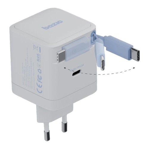 Energea СЗУ Bazic GoPort Retrek 65W, USB-C GaN35W +70cm retractable USB-C cable White