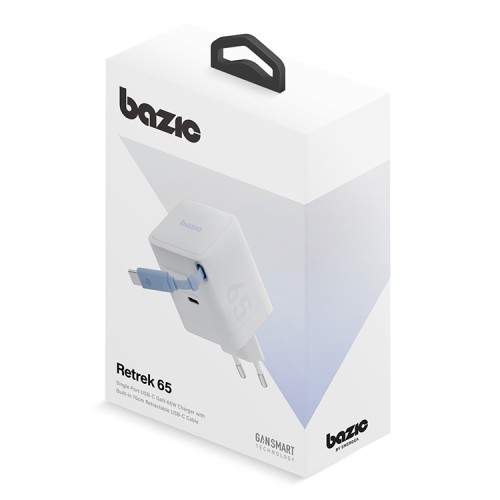 Energea СЗУ Bazic GoPort Retrek 65W, USB-C GaN35W +70cm retractable USB-C cable White