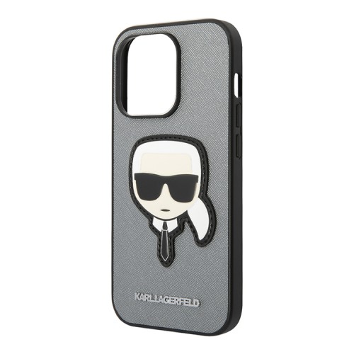 Чехол Lagerfeld PU Saffiano Karl head Patch Hard для iPhone 14 Pro Max, серебристый