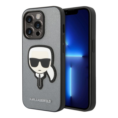 Чехол Lagerfeld PU Saffiano Karl head Patch Hard для iPhone 14 Pro Max, серебристый