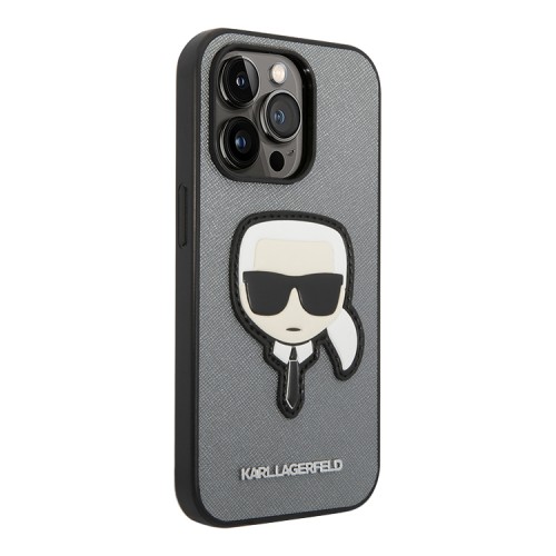 Чехол Lagerfeld PU Saffiano Karl head Patch Hard для iPhone 14 Pro Max, серебристый