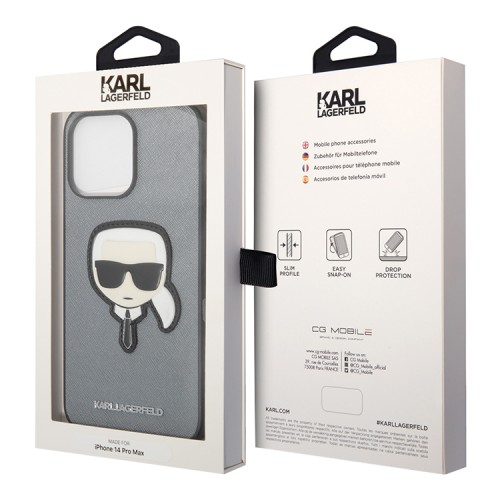 Чехол Lagerfeld PU Saffiano Karl head Patch Hard для iPhone 14 Pro Max, серебристый