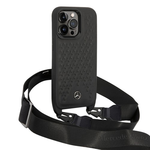Чехол Mercedes Leather Stars Hard +Crossbody strap для iPhone 14 Pro, черный