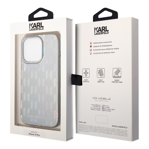 Чехол Lagerfeld Monogram Iridescent Hard для iPhone 14 Pro, серебристый