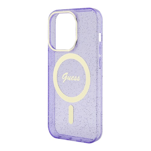 Чехол Guess Glitter Metal outline Hard для iPhone 14 Pro, фиолетовый/золотой (MagSafe)