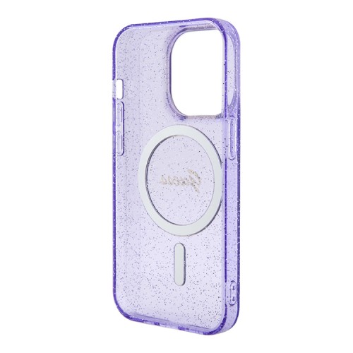 Чехол Guess Glitter Metal outline Hard для iPhone 14 Pro, фиолетовый/золотой (MagSafe)