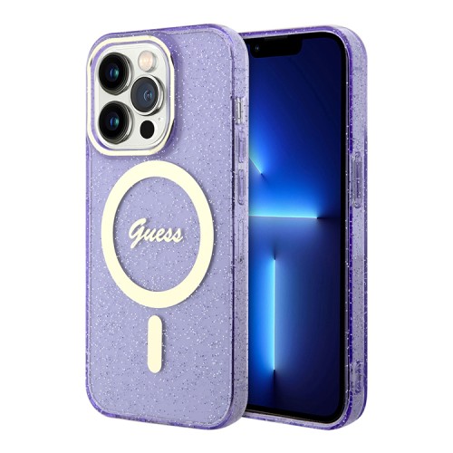 Чехол Guess Glitter Metal outline Hard для iPhone 14 Pro, фиолетовый/золотой (MagSafe)