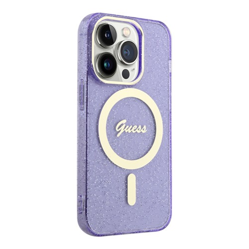 Чехол Guess Glitter Metal outline Hard для iPhone 14 Pro, фиолетовый/золотой (MagSafe)
