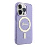 Чехол Guess Glitter Metal outline Hard для iPhone 14 Pro, фиолетовый/золотой (MagSafe)