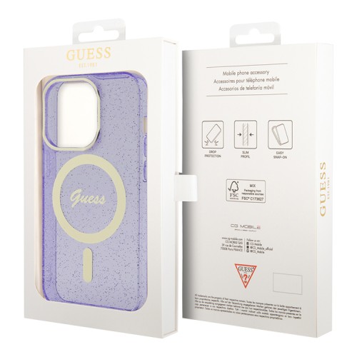 Чехол Guess Glitter Metal outline Hard для iPhone 14 Pro, фиолетовый/золотой (MagSafe)