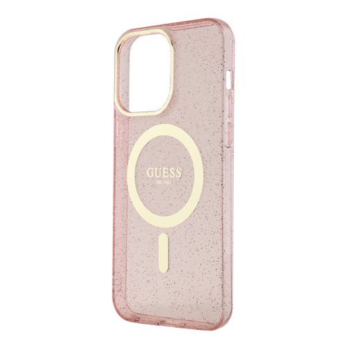 Чехол Guess Glitter Metal outline Hard для iPhone 13 Pro Max, розовый/золотой (MagSafe)
