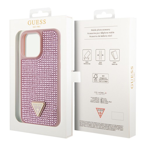Guess для iPhone 15 Pro чехол Diamond Rhinestone Triangle metal logo Hard Pink