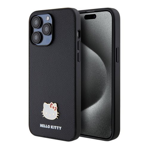 Hello Kitty для iPhone 15 Pro Max чехол PU Grained leather Metal Kitty Head Hard Black
