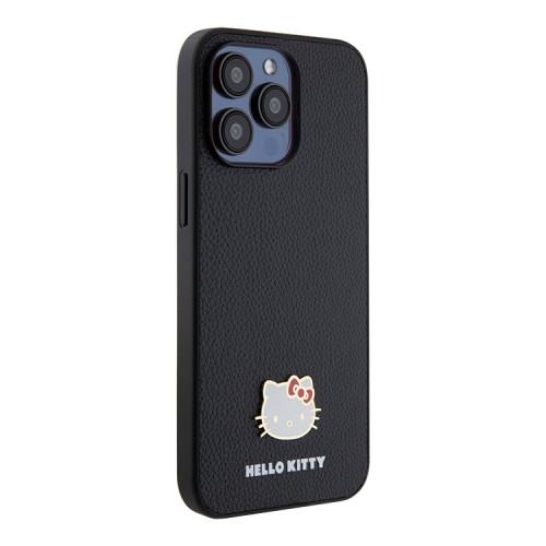 Hello Kitty для iPhone 15 Pro Max чехол PU Grained leather Metal Kitty Head Hard Black