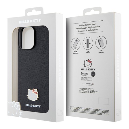 Hello Kitty для iPhone 15 Pro Max чехол PU Grained leather Metal Kitty Head Hard Black