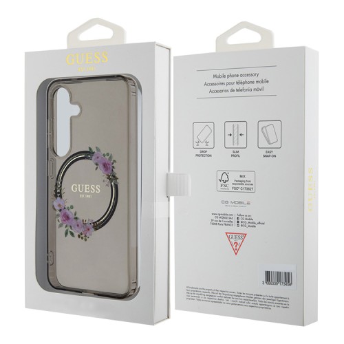 Guess для Galaxy S24 чехол PC/TPU Flowers Wreath Hard Black (MagSafe)