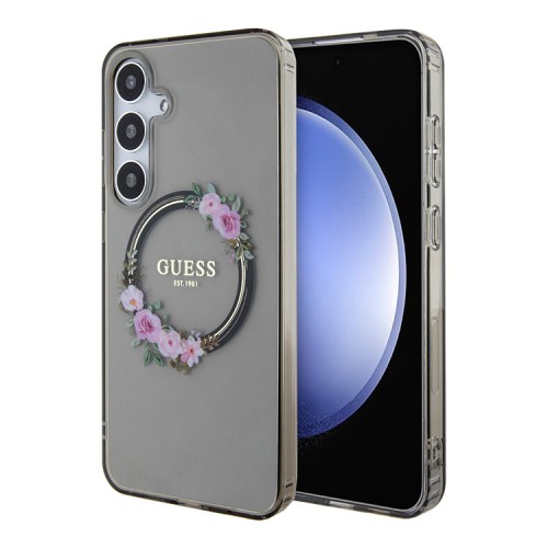 Guess для Galaxy S24 чехол PC/TPU Flowers Wreath Hard Black (MagSafe)
