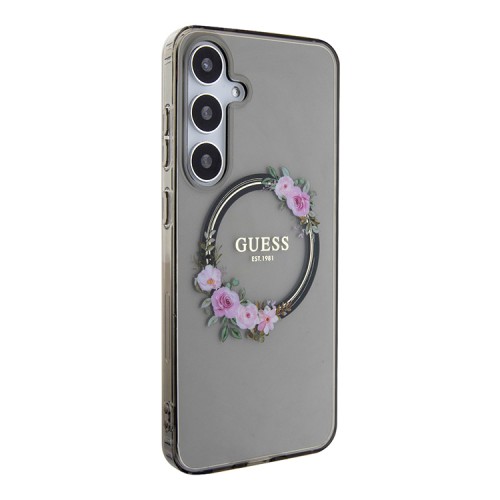 Guess для Galaxy S24 чехол PC/TPU Flowers Wreath Hard Black (MagSafe)