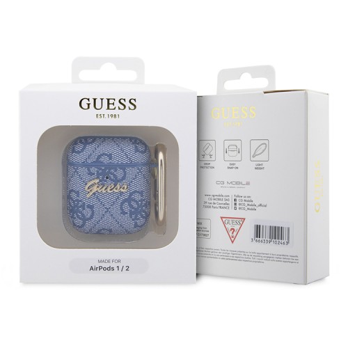 (Уценка) Чехол Guess PU leather 4G metal logo с карабином для Airpods 1/2, синий