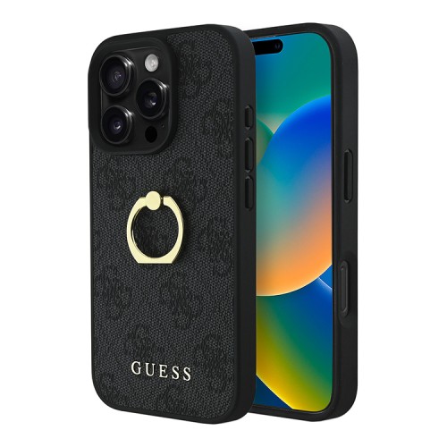 Guess для iPhone 16 Pro чехол PU кожа 4G +кольцо держатель, черный
