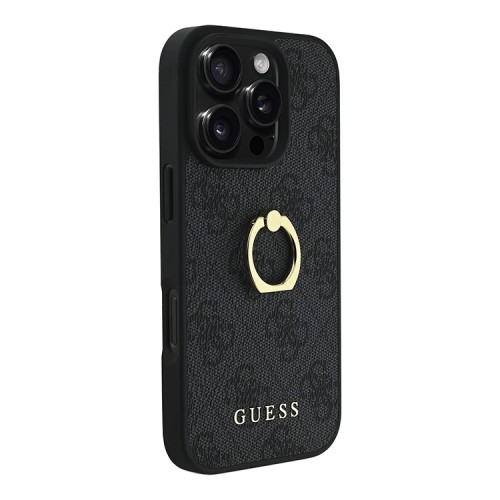 Guess для iPhone 16 Pro чехол PU кожа 4G +кольцо держатель, черный