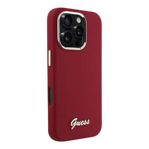 Guess для iPhone 16 Pro чехол Liquid silicone Gold metal logo & Camera frame Hard Magenta