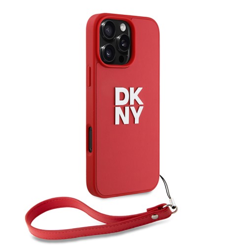 DKNY для iPhone 16 Pro чехол PU Stack metal logo Hard + Hand strap Pink