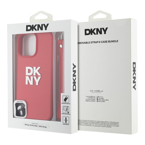 DKNY для iPhone 16 Pro чехол PU Stack metal logo Hard + Hand strap Pink
