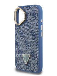 Guess для iPhone 16 чехол PU 4G Triangle metal logo and Camera Stand Hard Blue (MagSafe)